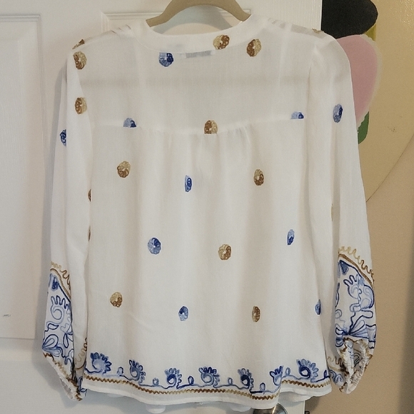 Figueroa & Flower white crepe w/ tank Blouse with Blue and Gold Embroidery szPL - Picture 6 of 7